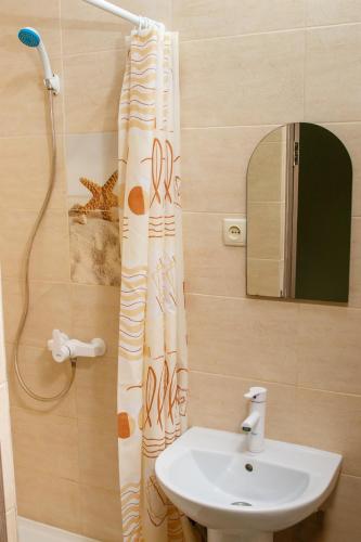 a bathroom with a sink and a shower curtain at Santorini Beach Hotel Koblevo in Koblevo