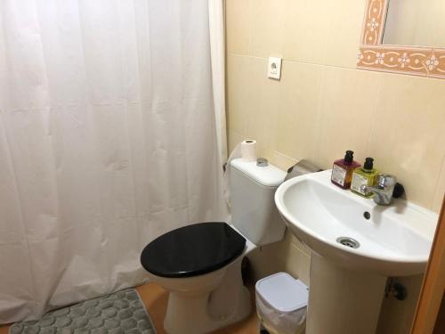 y baño con aseo, lavabo y ducha. en Hostal Casa Alonso, en Atarfe