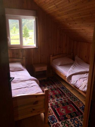 two beds in a room with a window and a rug at Apartman Bojovic in Žabljak