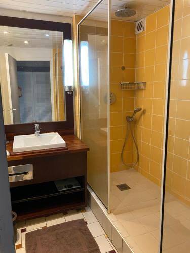 a bathroom with a sink and a shower at La pépite de Gosier in Le Gosier