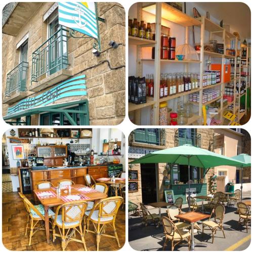 un groupe de quatre photos d'un restaurant avec des tables et des chaises dans l'établissement L´arrière Cour, à Cancale