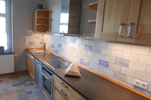 a kitchen with blue and white tiles on the wall at Ferienwohnung ANDERE ZEITEN in Frankenberg