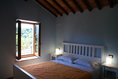 巴爾加的住宿－Tramonto Casa Barga Toscana ristrutturata 2021，一间卧室配有一张床、一个窗口和两盏灯。