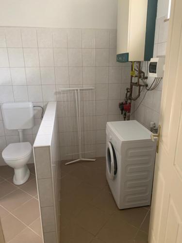 a bathroom with a washing machine and a toilet at Ica Vendégház in Süttő