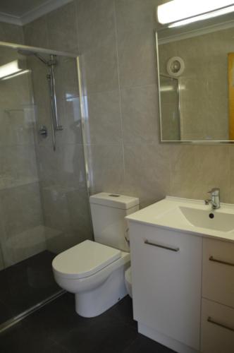 a bathroom with a toilet and a sink and a mirror at Whalers Rest Motor Inn in Portland