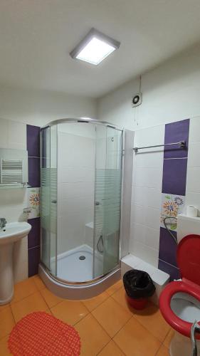 W łazience znajduje się prysznic, toaleta i umywalka. w obiekcie Pensiune Fundeni- Dragonul Rosu w Bukareszcie