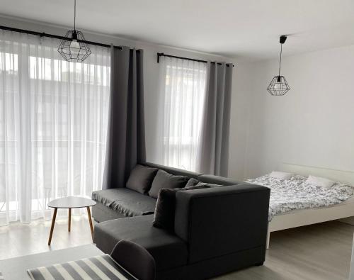 a living room with a couch and a bed at Apartament Bastion Wałowa in Gdańsk