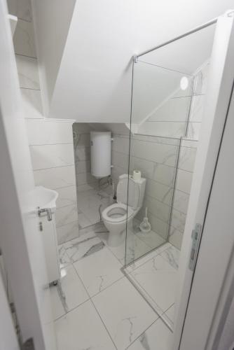 a white bathroom with a toilet and a glass door at Apartmani Centar Loznica in Loznica
