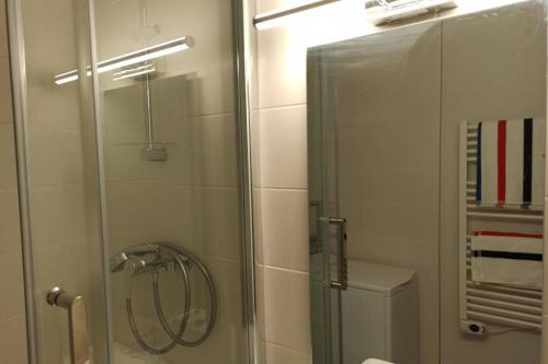 une salle de bain avec une douche avec une porte vitrée dans l'établissement Appartement F2 proche des criques et thalasso, à Banyuls-sur-Mer