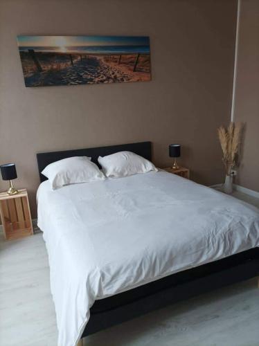 une chambre avec un grand lit blanc avec deux oreillers dans l'établissement La maison du Pêcheur, à Grand-Fort-Philippe