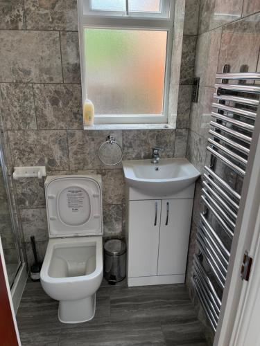 a bathroom with a toilet and a sink and a window at Adorable Guest house in Erith
