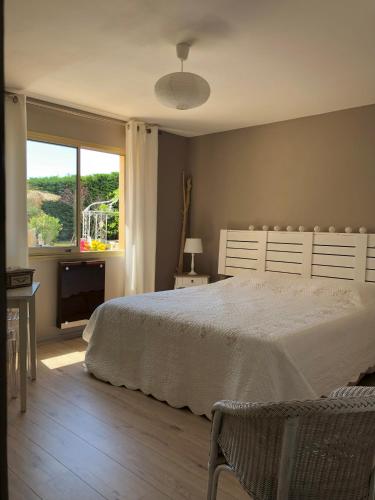 une chambre avec un lit blanc et une fenêtre dans l'établissement Le Paradis d’Anny, à Rouffiac-dʼAude