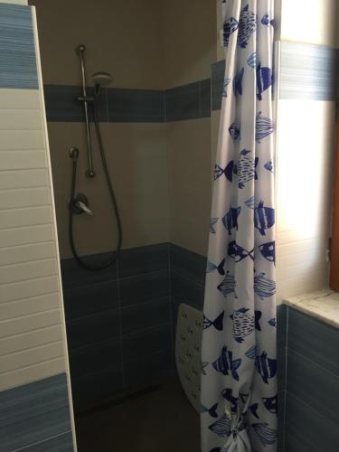 La salle de bains est pourvue d'une douche avec un rideau de douche bleu et blanc. dans l'établissement Beach Apartment 3 Only 75 M to beach, à Santa Maria