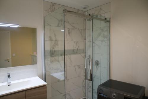 y baño con ducha, lavabo y espejo. en Chez Emile La Chabotine -T2 Neuf, calme, lumineux, en Niort