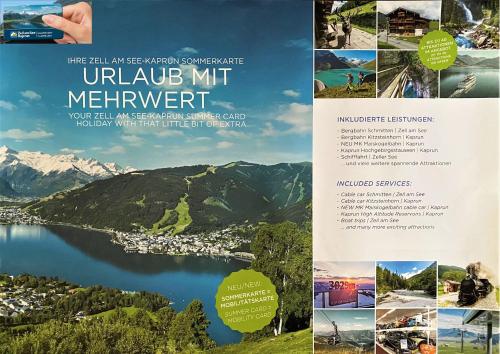 een flyer voor een bergresort met uitzicht op een meer bij Hotel Garni Landhaus Gitti in Zell am See