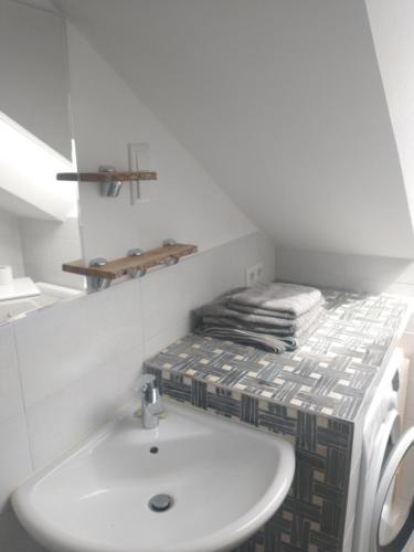 ein Bad mit einem Waschbecken und einem Bett in der Unterkunft Bad Aibling City Apartment DG in Bad Aibling