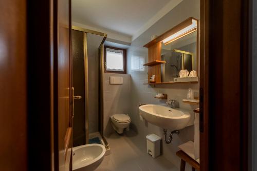 La salle de bains est pourvue d'un lavabo, de toilettes et d'un miroir. dans l'établissement Hotel Triolet, à Courmayeur