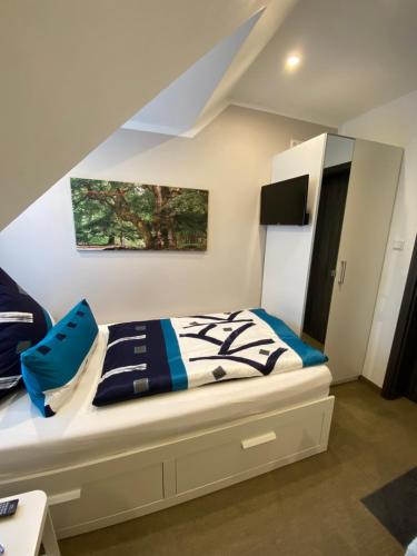 a bedroom with a bed with blue pillows at Hotel Pension Haus Talblick Edersee in Hemfurth-Edersee