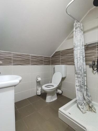 a bathroom with a toilet and a shower curtain at New apartment near Plitvice lakes in Smoljanac