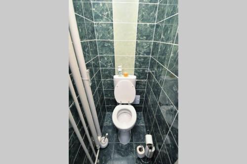 łazienka z toaletą w czarnej ścianie wyłożonej kafelkami w obiekcie City Center Apartment w Debreczynie
