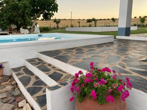 a patio with flowers and a swimming pool at Monte do Pombal in Sousel