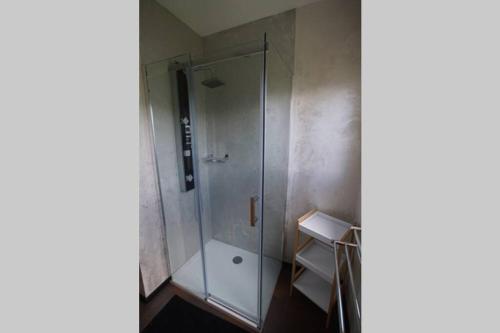W łazience znajduje się prysznic ze szklanymi drzwiami. w obiekcie Gîte Les Myrtilles Saint-Nabord, 5 personnes, 4 pièces avec garage w mieście Saint-Nabord