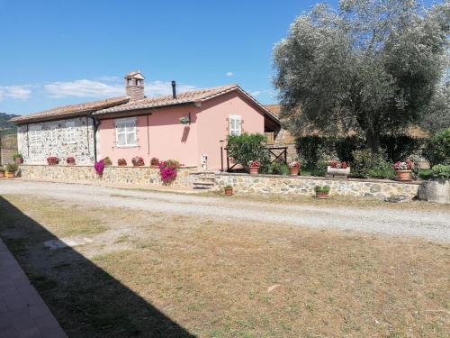 a pink house with a stone wall at Piane Del Bagno in Saturnia