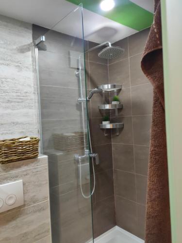 a shower with a glass door in a bathroom at Inspired by A.C. in Šibenik