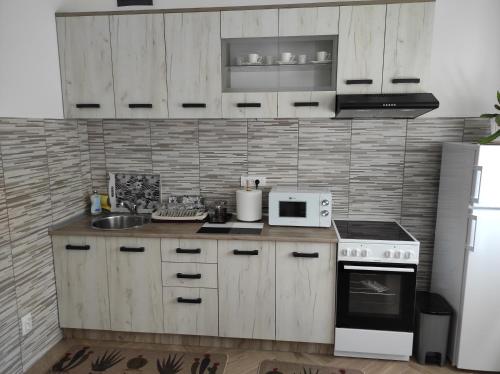 a kitchen with wooden cabinets and a white stove top oven at Andrea Airport Apartments in Belgrade