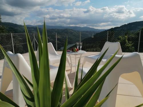 un patio con sillas blancas, una mesa y una planta en Casa Douro Terrace en Baião