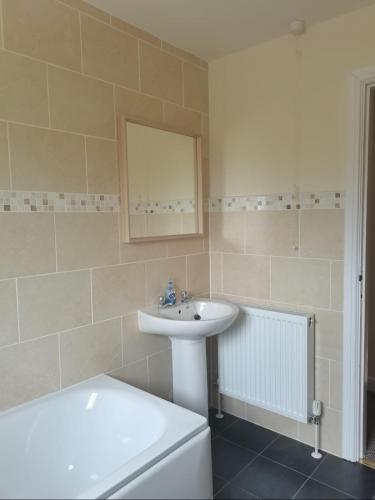a bathroom with a sink and a toilet and a tub at No2 Glan Nodwydd in Pentraeth