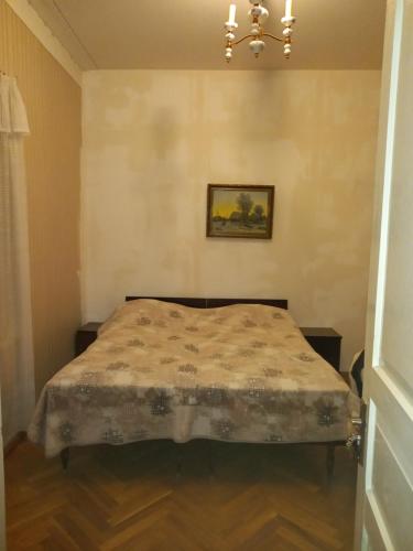 クヴァレリにあるGuest House Gzirishviliのベッドとシャンデリアのある寝室