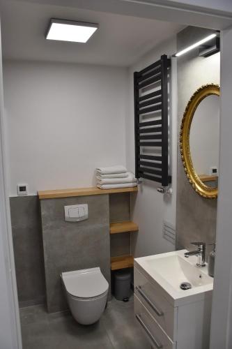 a bathroom with a toilet and a sink and a mirror at Apartament Bukowy Las in Zachełmie