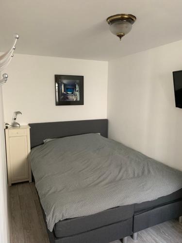 a bedroom with a bed and a tv on the wall at Zomerhuisje op Huisduinen in Huisduinen