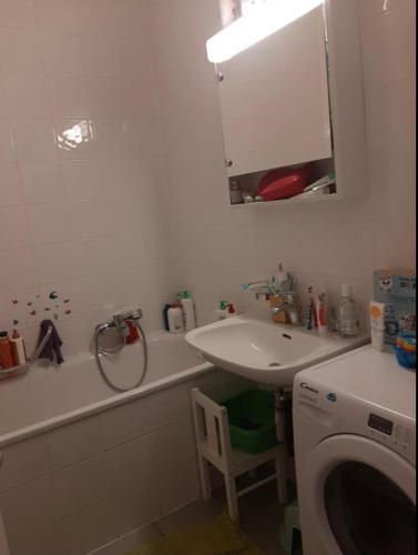 a bathroom with a sink and a washing machine at Appartement pour 2/3personnes in Neuvecelle
