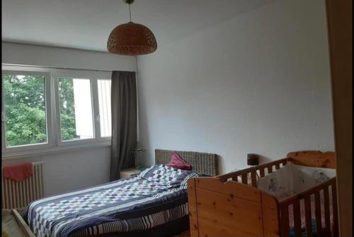 a bedroom with a bed and a window and a crib at Appartement pour 2/3personnes in Neuvecelle