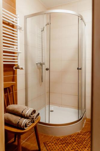 a shower with a glass door in a bathroom at Gosciniec Uzmauda in Wiżajny