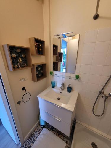 W łazience znajduje się umywalka i lustro. w obiekcie Studio bien équipé, situé en hyper centre w mieście Vendôme