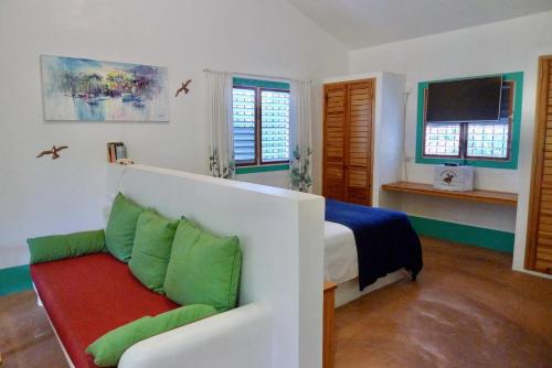 a bedroom with a bed and a couch and a tv at Apart-Hotel Garden Villa in Las Galeras