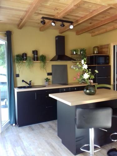 une cuisine avec des armoires noires et un îlot de cuisine dans l'établissement FLORALIE, à Draguignan