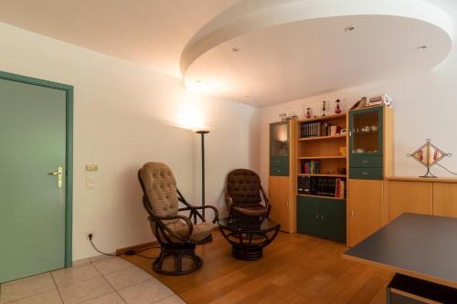 a living room with two chairs and a book shelf at Vakantiehuis Salamander Maasmechelen in Maasmechelen