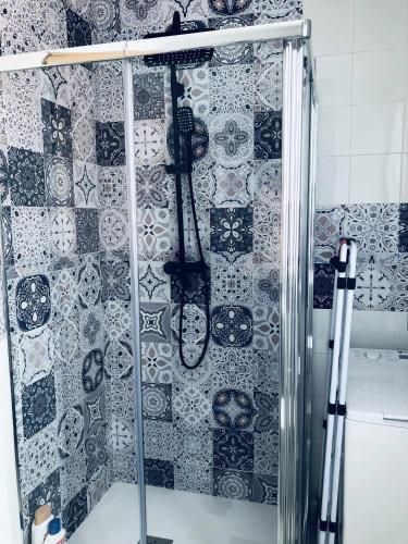 a shower in a bathroom with a tiled wall at Sunlight Málaga Centro in Málaga