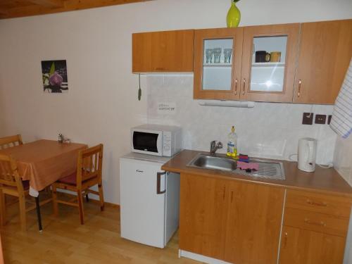 a kitchen with a sink and a microwave and a table at Ubytování Apartmány Ferenčíková in Nové Hrady