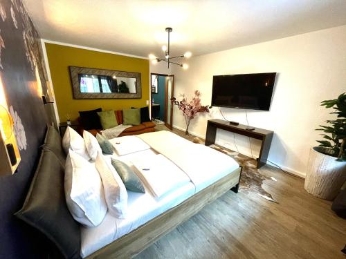 a bedroom with a large bed and a flat screen tv at Boutique Apartment am Bahnhof in Freiburg im Breisgau