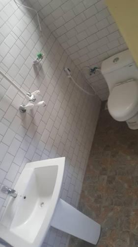 a bathroom with a toilet and a sink at Farmhouse Lodge in Dar es Salaam