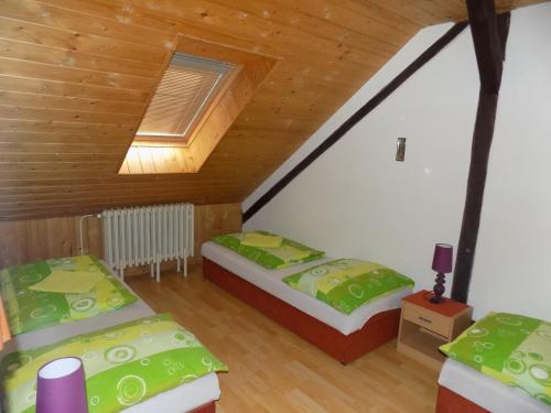 a attic room with two beds and a skylight at Ubytování Apartmány Ferenčíková in Nové Hrady