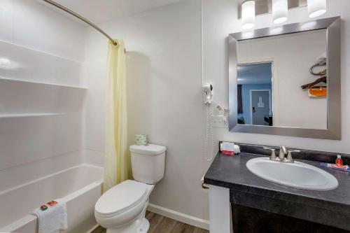 a bathroom with a toilet and a sink and a mirror at Econo Lodge Inn & Suites Sandusky South in Sandusky