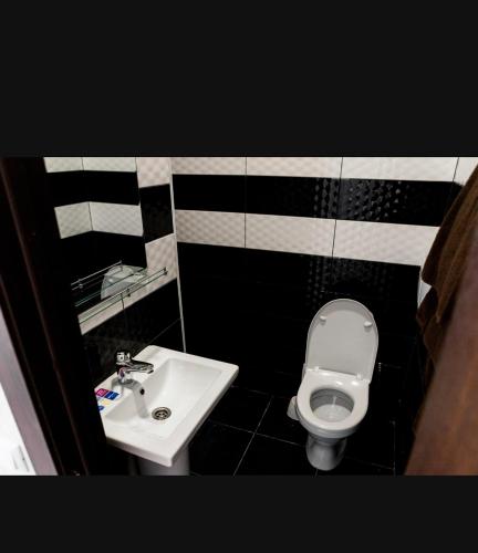 a bathroom with a white toilet and a sink at Отель-ресторан “Le Grand” in Zhytomyr
