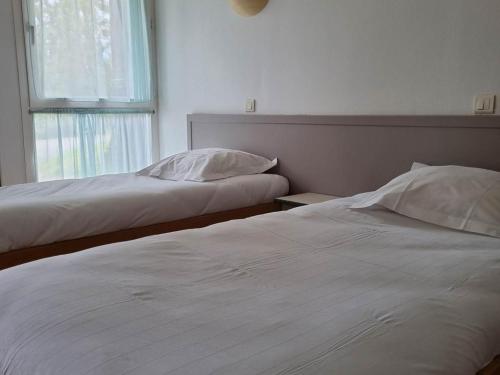 a bedroom with two beds and a window at Hôtel Eden Lake in Égletons
