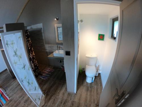 La salle de bains est pourvue de toilettes, d'un lavabo et d'un miroir. dans l'établissement Coco room, à Blue Bay